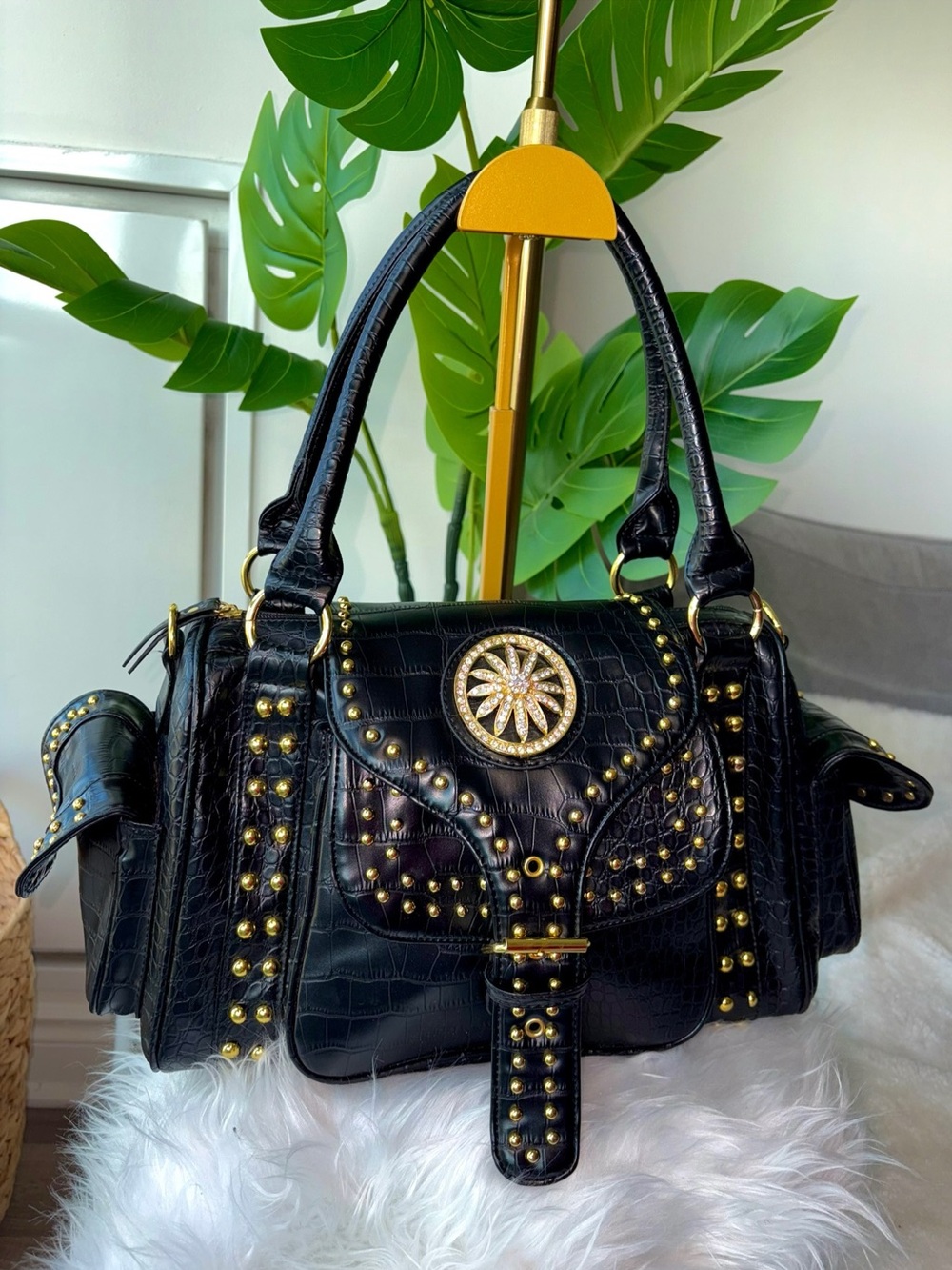 Y2K Black Croc Embossed Studded Satchel Bag Rhinestone Western McBling